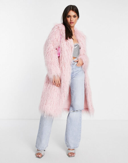 Faux Longline Coat in Light Pink - Görsel 2